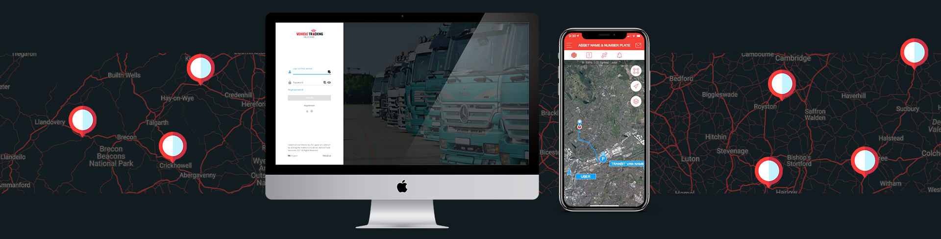 VTS Map, Mac and phone graphic for vehicle tracker